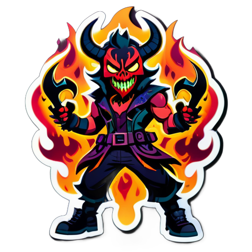 Character: Charming 2D figure with devilish mask.
Mask: Horned mask with wicked grin.
Body: Confident stance, muscular build.
Hand: Grips AK47 rifle.
Background: Flames envelop, casting ominous glow.
Colors: Deep hues with fiery highlights. sticker