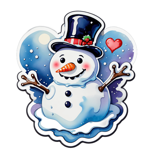 A watercolor painting of a snowman melting into a heart shape. sticker