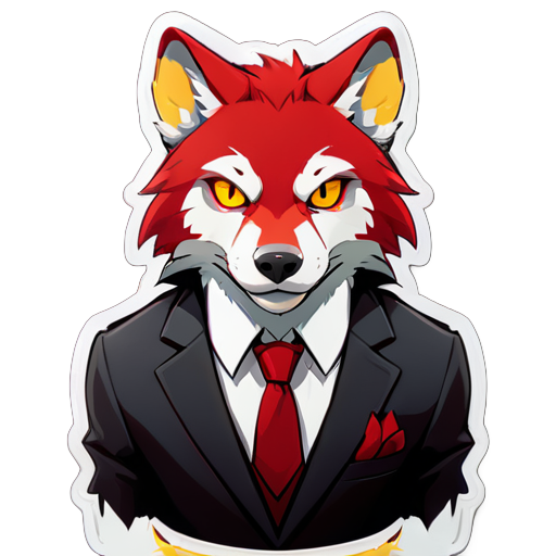 Um lobo antropomórfico com um olho esquerdo amarelo e um olho direito vermelho, cabelos vermelhos na cabeça, vestindo um terno elegante, dando um like sticker