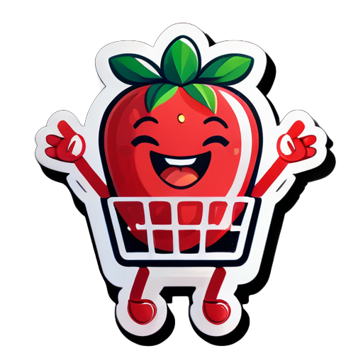 A strawberry with hands raised and laughing happily on a shopping cart sticker