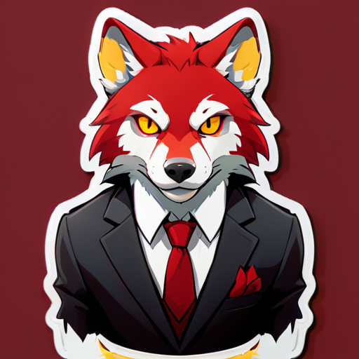 Anthro wolf with a yellow left eye and a red right eye, red hair on his head, dressed in a formal suit, giving a like sticker