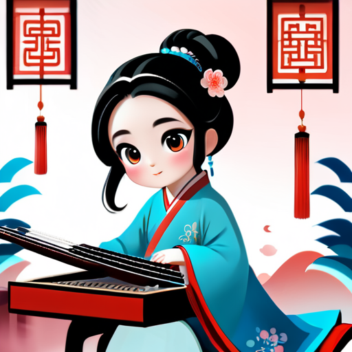 Help me design a cartoon avatar for use on the website, a little girl playing the guzheng, Chinese style, modern yet classical: Little girl character design: She should be a cute, young girl with big eyes and soft facial features. Wearing traditional Hanfu or a modernized version of Hanfu, retaining elements of Chinese traditional clothing, but can incorporate some modern designs, such as popular elements or accessories in certain details. Long hair draped over her shoulders, can also be styled in a classical hair bun, adorned with hairpins or hair accessories. Guzheng: The guzheng should be a prominently visible instrument, designed as the little girl playing the guzheng attentively. The design of the guzheng should adhere to traditional Chinese styles, but can also incorporate some modern elements, such as more colors or decorations. Background design: The background can be simple lines or some Chinese-style patterns, such as clouds, landscapes, ancient architecture, etc. Consider adding some modern elements to the background, such as city skylines, modern buildings, to highlight a sense of modernity. Color selection: Primarily use soft tones, such as light pink, light blue, etc. Incorporate some traditional Chinese colors into the palette, such as red. sticker