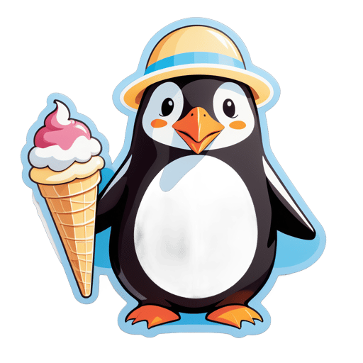 A penguin with an ice cream cone in its left hand and a sunhat in its right hand sticker