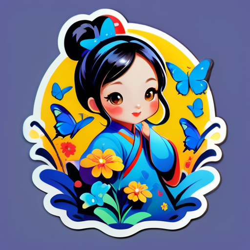 a very beautifue chinese girl, playing with butterflies sticker