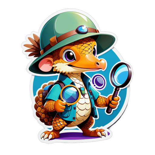 A pangolin with an explorer hat in its left hand and a magnifying glass in its right hand sticker