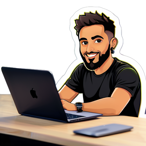 Me gustaría un sticker de mí. Soy un chico de 29 años de Marruecos, con el pelo corto y barba corta, trabajo en programación, así que necesito una laptop en el sticker con un fondo de hacker. Tengo ojos chinos y un cuerpo fuerte. ¿Puedo tener todo el cuerpo en el sticker con la laptop? sticker