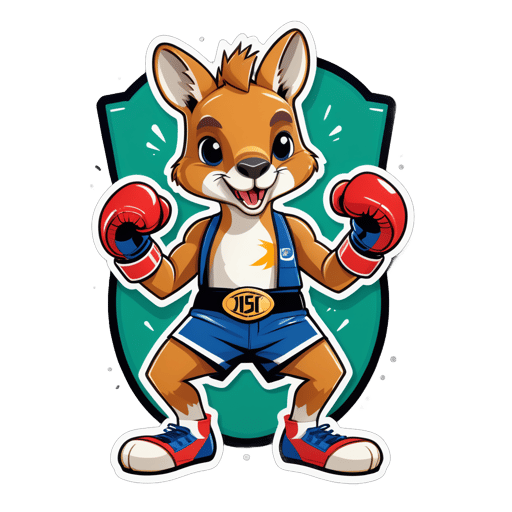 A kangaroo with a boxing glove in its left hand and a championship belt in its right hand sticker