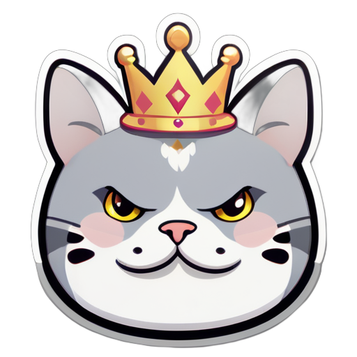 Un gato gordo color gris con hocico blanco y una corona en su cabeza entre sus orejas con la palabra "GuiditoBenito" sticker