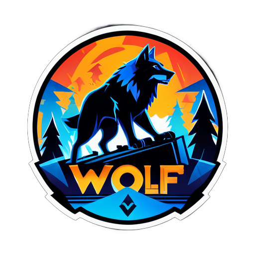 El logotipo presenta una silueta elegante y feroz de un lobo en movimiento, simbolizando agilidad y fuerza. Detrás del lobo, un fondo de elementos abstractos de videojuegos, como controles, teclados y joysticks, añade un toque dinámico. El texto 'Wolf's Den Gaming' es audaz y moderno, complementando el motivo del lobo. La paleta de colores consiste en azules profundos y negros, evocando una sensación de misterio e intensidad. Thi sticker