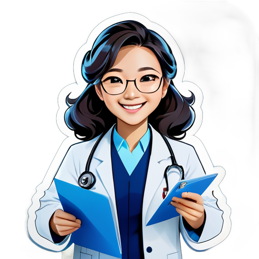 Usar una imagen profesional de una médica china como avatar, vistiendo un uniforme de doctor formal o una bata blanca, con una sonrisa en el rostro, cabello ondulado, llevando un estetoscopio alrededor del cuello, sosteniendo un archivo, usando gafas, mostrando confianza y empatía médica. El fondo de la foto debe ser de color azul claro. sticker