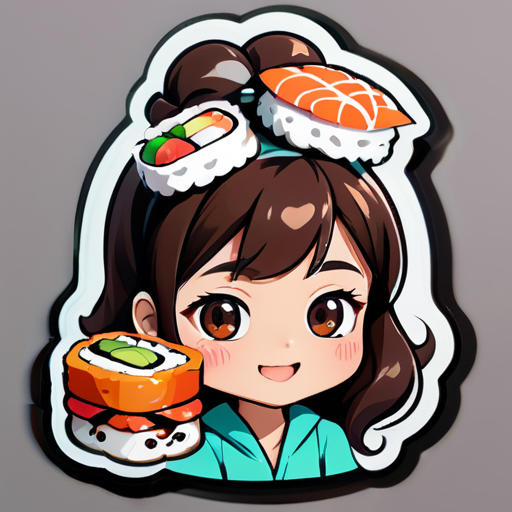 quiero una pegatina de una chica pelo marron con una mascota sushi sobre su cabeza quiero que la chica demuestre emociones y se llamativa
 sticker