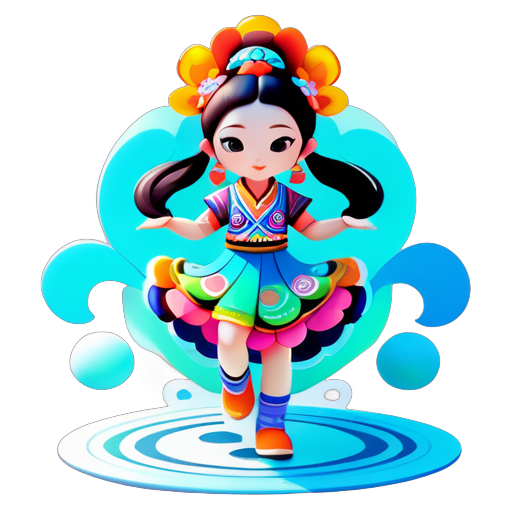 Full body, generating three views, the first front view, the second side view, the third back view, Design of a girl clothing with Miao ethnic style elements, dancing, bubble mat style, clean and simple design, IP image, advanced natural color matching, bright and harmonious, cute and colorful, detailed character design, beauty, organic sculpture, C4D style, 3D animation style character design sticker