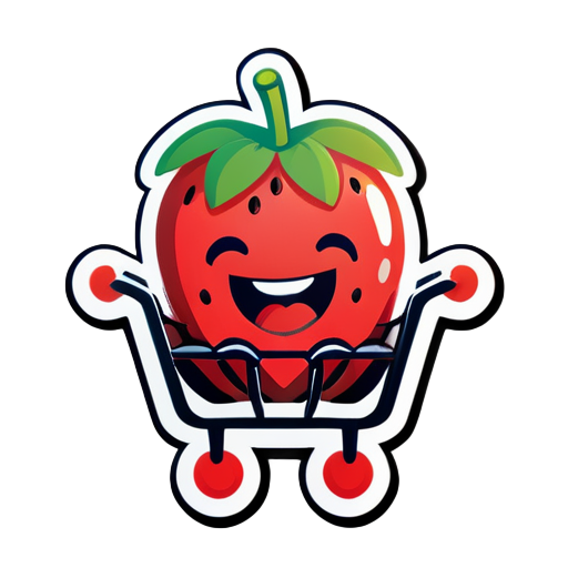 A strawberry holding up its hands and laughing happily is lying in a shopping cart sticker