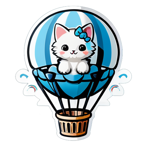 Gatinho no Balão de Ar Quente: Um gatinho aventureiro voando em um balão de ar quente decorado com nuvens fofas e um céu azul claro. sticker