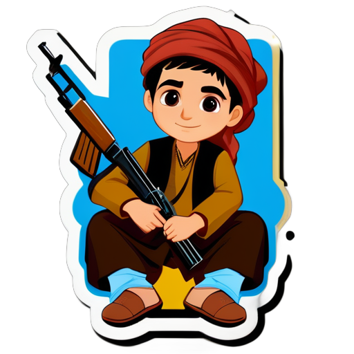 a boy in Pashtun culture dress with ak47 sitting a side on a writing Pashtun sticker