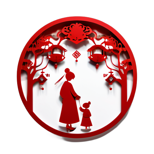 this paper cut is a chinese traditional folk art, inchinese theme, flat, all red paper, minimalism, luxurious wall hangings, square shapes, precisionist lines and shapes,under the ginkgo tree, grandchildren and grandmother,admiring ginkgo, low details sticker