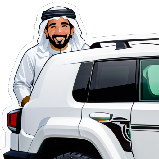 A saudi man with traditional clothing riding a white fj cruiser car sticker