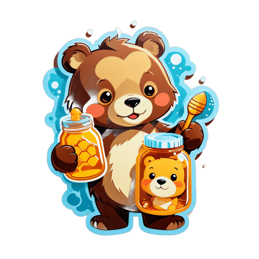 A bear with a fish in its left hand and a honey jar in its right hand sticker