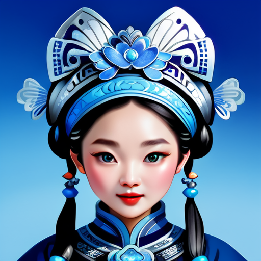 Une belle fille chinoise portant un ancien chapeau en argent, tenant des papillons bleus dans sa bouche et touchant le bout de son nez avec une main, est habillée dans le style du peuple Miao du village de Blang de la province du Guizhou en Chine, avec des détails complexes, des motifs exquis et un fond bleu, créant un style photographique à la mode. --ar 3:4 sticker