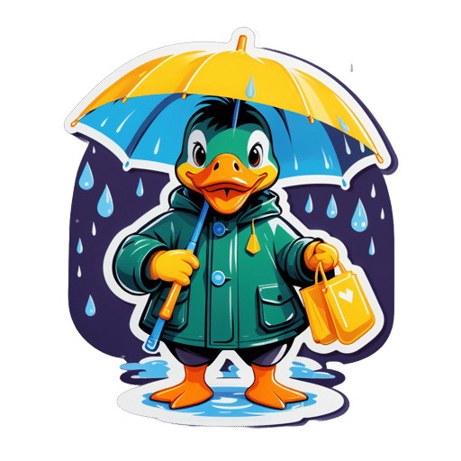 Eine Ente mit einem Regenmantel in der linken Hand und einem Regenschirm in der rechten Hand sticker