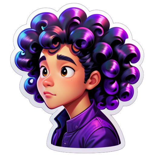 Hair: Black shiny curly hair, slightly longer but not past the neck. Ethnicity: Asian, leaning towards East Asian, fair skin tone. Expression: Contemplating a tricky bug. Occupation: A skilled modern programmer. Background: Gradient purple, circular. Gender: Male sticker