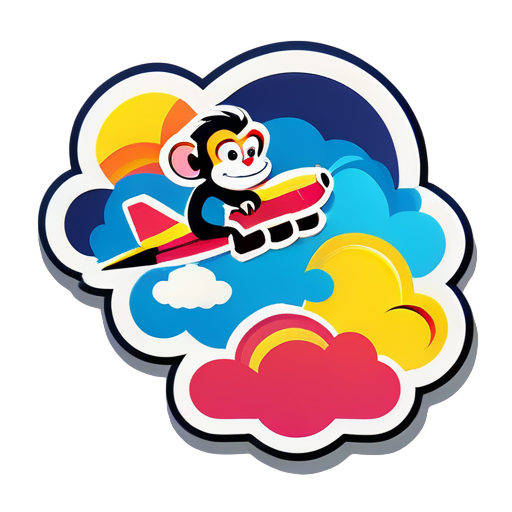 A monkey flies over an airplane on a seven-colored auspicious cloud. sticker