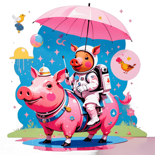 a painting of an astronaut riding a pig wearing a tutu holding a pink umbrella, on the ground on the ground next to the pig is a robin bird wearing a top hat, in the corner are the words "stable diffusion sticker