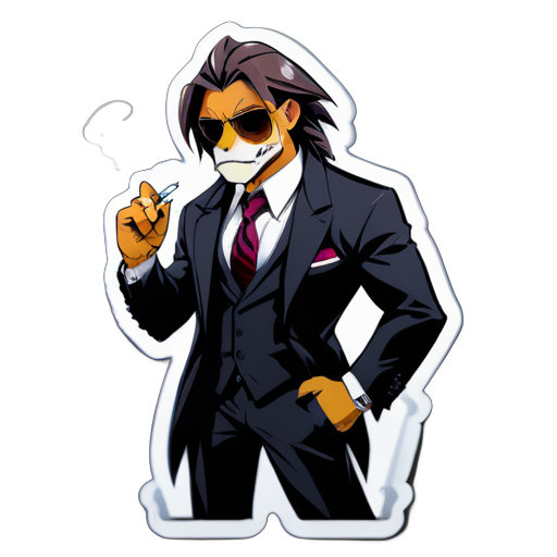 Leon animal dibujado anime de mafia super fuerte, vestido con traje, fumandose un cigarro sticker