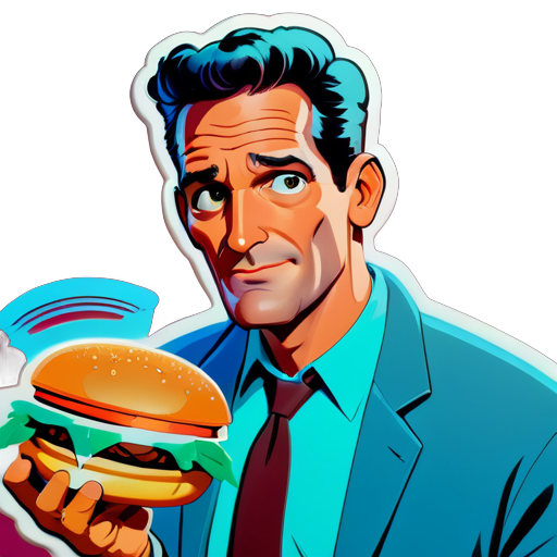 Frank Grimes avec un look sexy et charmant, tenant un burger sticker