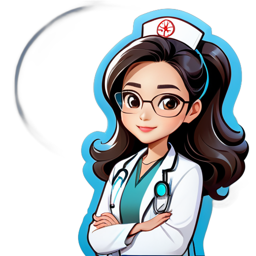 Usar una imagen de caricatura de una doctora china como avatar, vistiendo un uniforme médico formal o bata blanca, con una leve sonrisa en el rostro, cabello ondulado, llevando un estetoscopio alrededor del cuello, con las manos cruzadas sobre el pecho, usando gafas transparentes, con un fondo de color azul claro en la foto. sticker