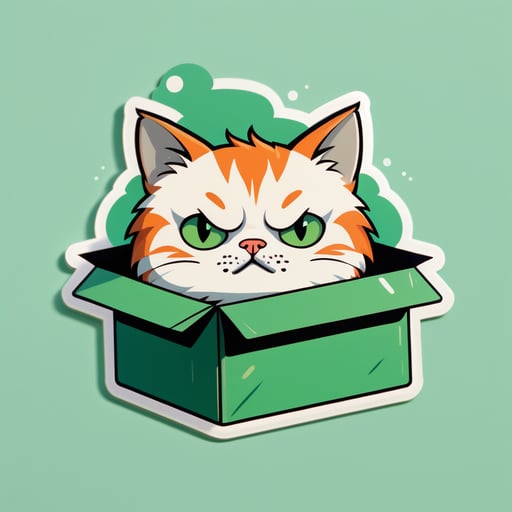 Gato triste en caja: Pequeño, abatido en caja de cartón, con ojos verdes melancólicos. sticker