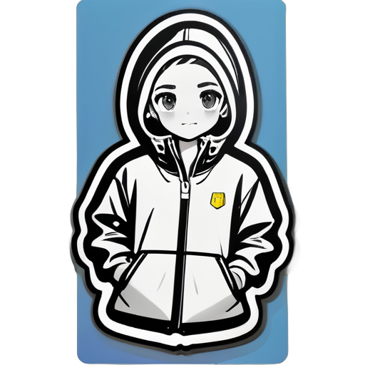 A simple line drawing girl in a windbreaker, black and white sticker