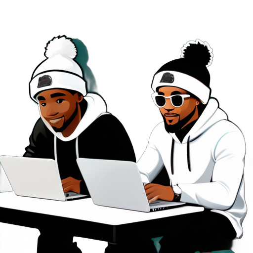 white and black dude sitting on a table with laptops doing work both wearing beanies
 sticker