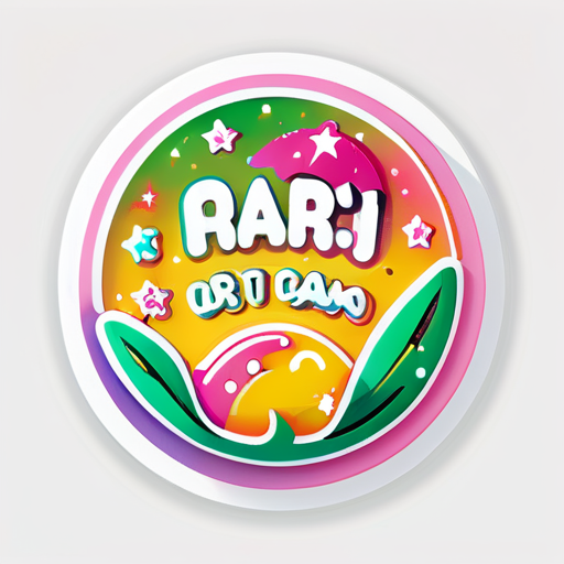 Sticker with the text 'I cry a lot but I am so productive it's an art' in a playful, rounded pink font. The background is white with a scalloped edge. Surround the text with small, colorful sparkles and stars. Include a hand with a shiny, manicured nail holding the sticker, and place green leaves around the sticker for decoration. sticker