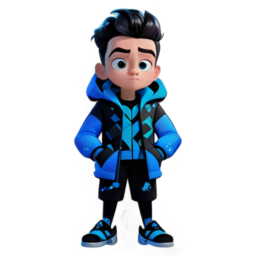 Un garçon de dessin animé, un manteau bleu à motifs, des sous-vêtements en maille noire, un pantalon et des chaussures noires, personnage de dessin animé, rendu en 3D, rendu Arnold, fond transparent sticker