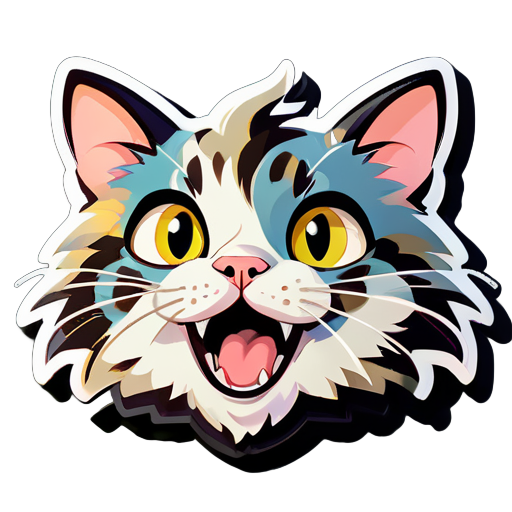 A mottled cat, with wide eyes full of surprise, slightly open mouth, raised fur, curiously staring at something. sticker