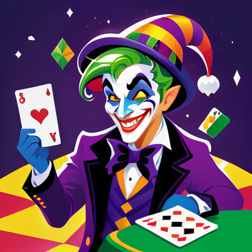 A mischievous joker character with a sly grin and vibrant attire, ready to play their hand in the game of life. Sporting a colorful jester's hat adorned with bells and a striking face paint design, they exude an air of whimsy and unpredictability. With one hand holding a deck of cards and the other gesturing confidently, they invite players to join them in their daring gambit. The background featu sticker