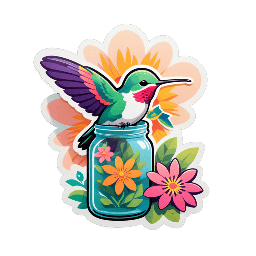 A hummingbird with a flower in its left hand and a nectar jar in its right hand sticker