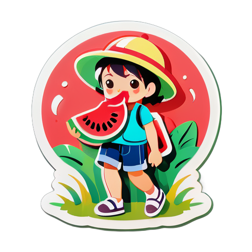 In the summer, eating watermelon, using a fan, children walking in the fields to cool off sticker