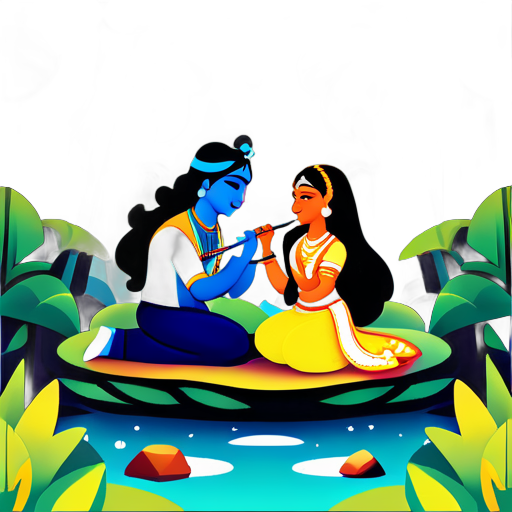 **Prompt:**

Create a digital artwork depicting Lord Krishna and Radha in a serene forest setting with rocks in the foreground. The scene should evoke a sense of tranquility and natural beauty, with the forest serving as the backdrop.
1. **Characters:**
   - Lord Krishna and Radha should be the central focus of the artwork.
   - Krishna should be depicted with his iconic flute  sticker