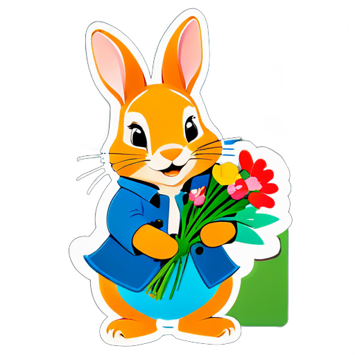 Peter rabbit đang cầm một bó hoa sticker