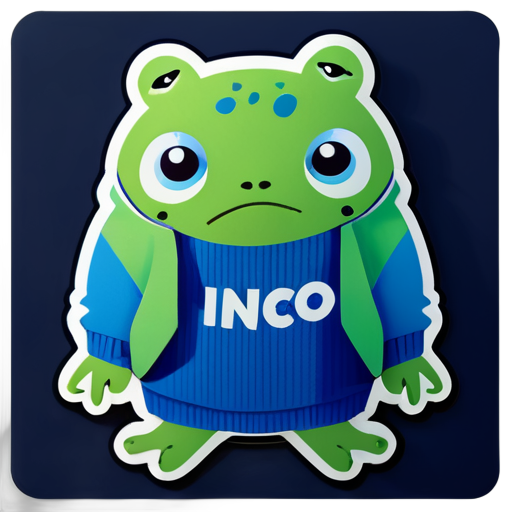 피곤한 표정의 녹색 개구리가 파란색 스웨터를 입고 'INCO'가 적힌 것을 입고 있습니다 sticker