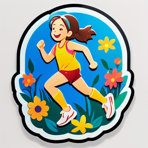 A happy girl running in the flowers sticker