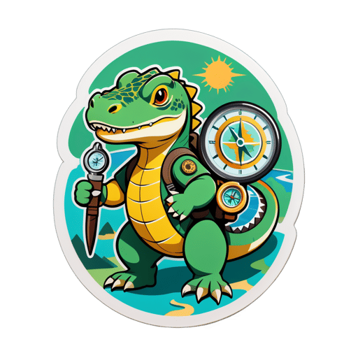 A komodo dragon with a explorer compass in its left hand and a map in its right hand sticker