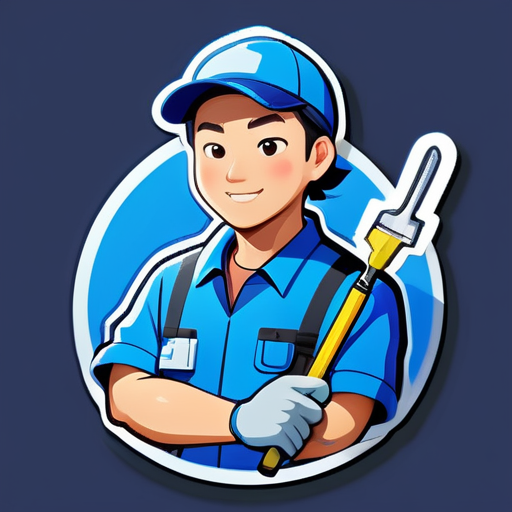 Une image d'un technicien en uniforme bleu de travail, de la taille vers le haut, de nationalité chinoise, tenant des outils dans ses mains. sticker