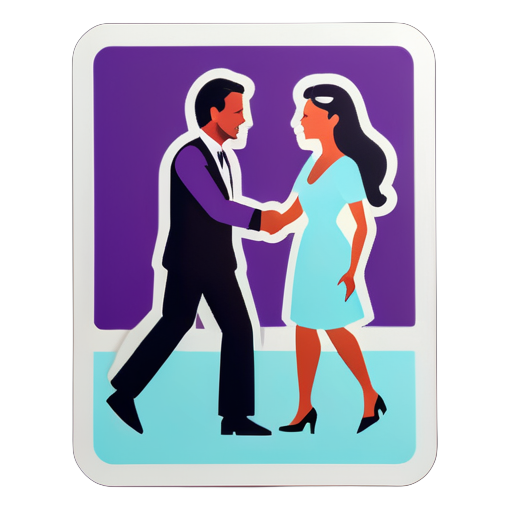 In a hotel room, a man pushes a woman towards another man sticker