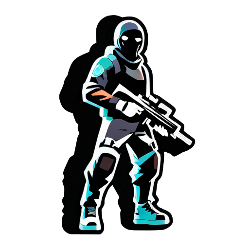 Character: A sleek and agile gaming character holding a gun in one hand.
Face Mask: The character wears a black face mask covering only the nose, adding an air of mystery and stealth.
Clothing: Clad in tactical gear, with a combination of dark colors for camouflage.
Pose: The character stands in a dynamic stance, ready for action, with one foot forward and the gun raised.
Background: A futuristic  sticker