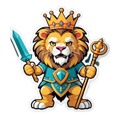 Un lion avec une couronne dans sa main gauche et un sceptre dans sa main droite sticker