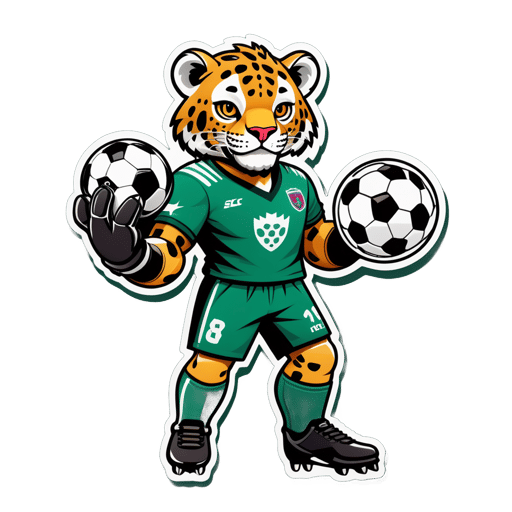 Un jaguar avec un ballon de soccer dans sa main gauche et un gant de gardien dans sa main droite sticker