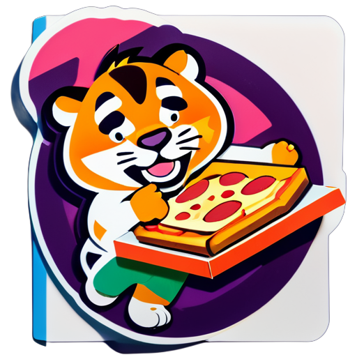 mache einen Beitrag von einem Tiger, der Pizza isst, und die Pizzabox steht vor dem Tiger sticker